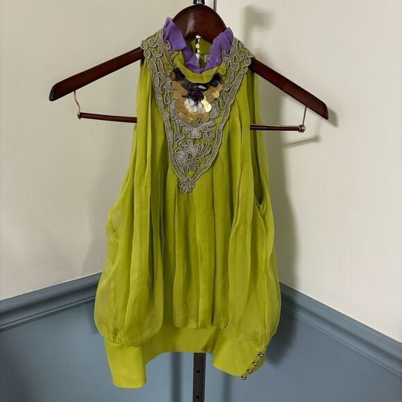 Badgley Mischka Sleeveless Sequin Ruffle Neck Chiffon Blouse Small - Picture 1 of 5